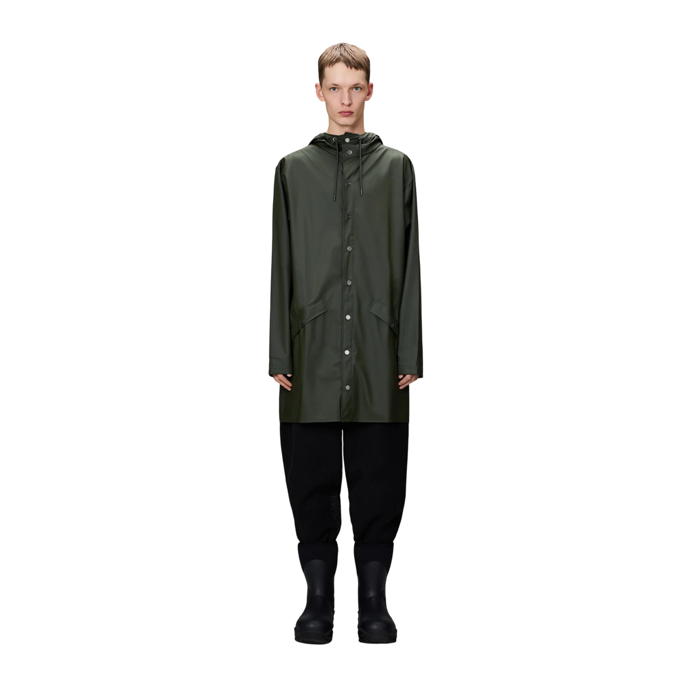 Impermeabile Unisex Lungo tinta unita verde scuro modello frontale