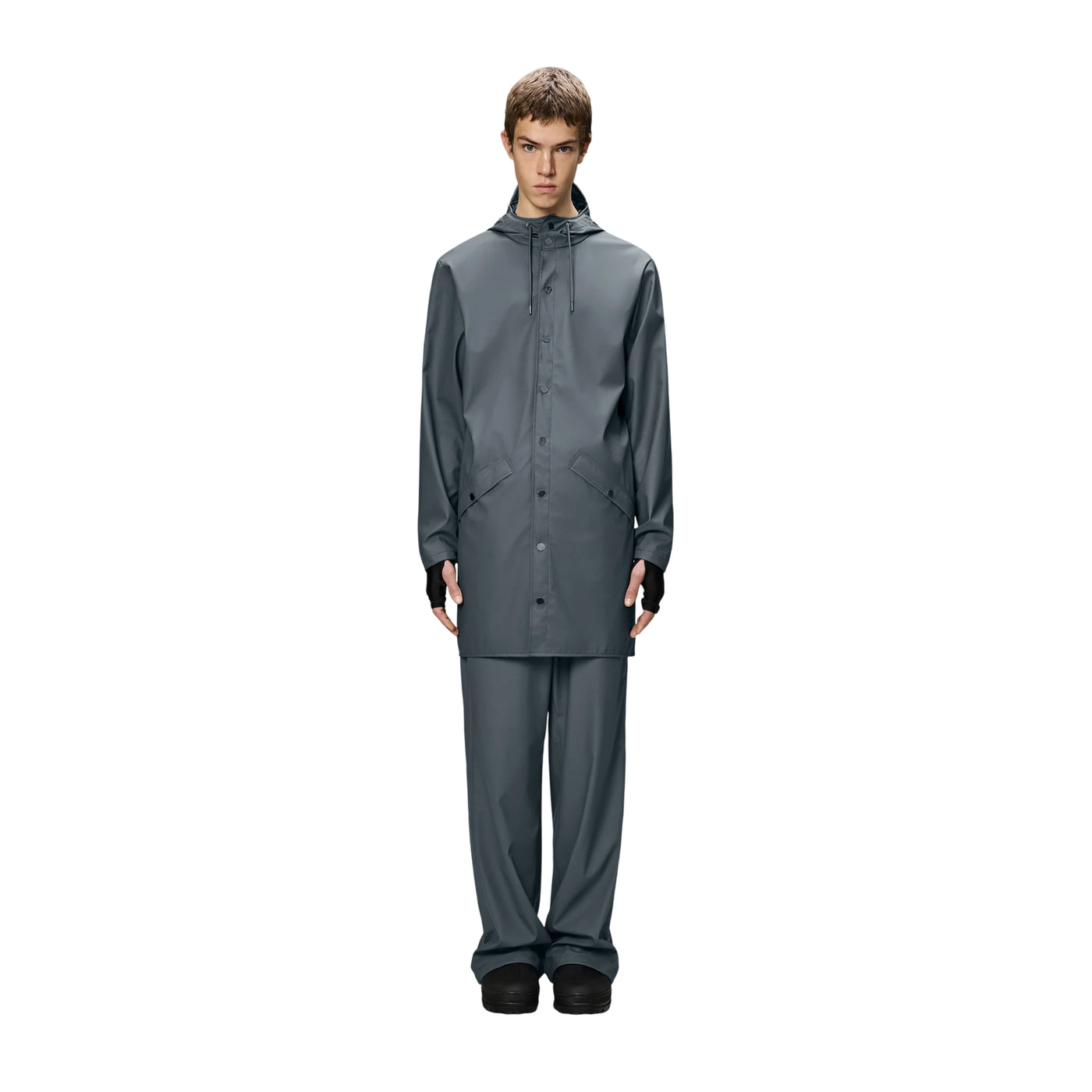 Impermeabile Unisex Lungo tinta unita blu modello frontale