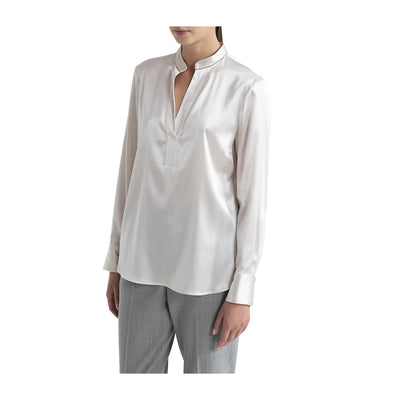 Camicia Donna in raso di seta lucido modella frontale