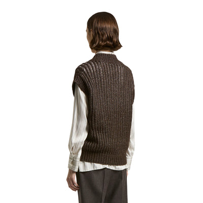 Gilet Donna in maglia effetto bagnato marrone modella retro