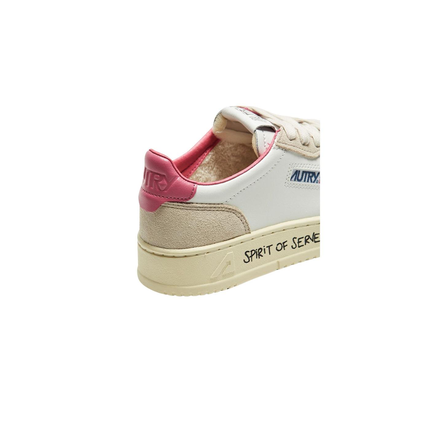 Dettaglio retro Sneakers Donna bianche con dettagli rosa e con scritta nera sulla suola