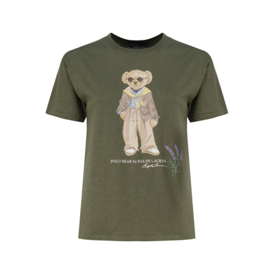 T-shirt a maniche corte con Teddy stampato sul petto e fiori viola ricamati 