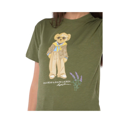 Dettaglio ravvicinato T-shirt a maniche corte con Teddy stampato sul petto e fiori viola ricamati