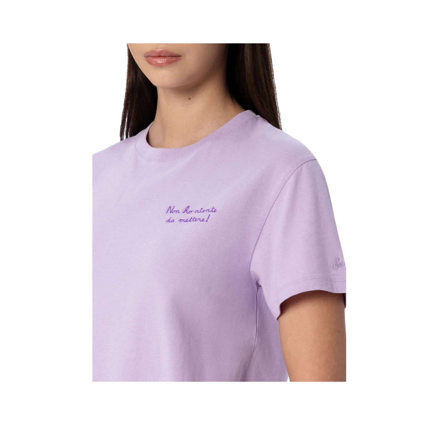 Dettaglio T-shirt Donna Lilla con scritta viola