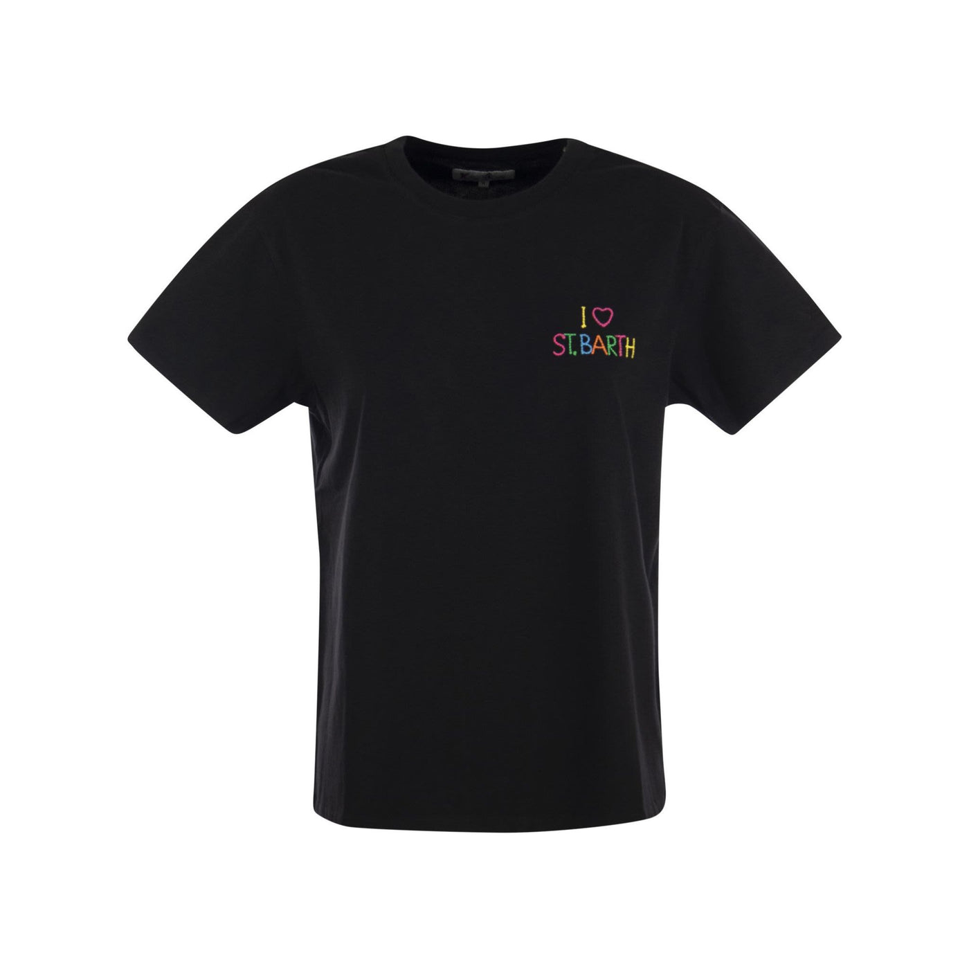 Immagine frontale T-shirt a maniche corte con ricamo multicolore "I Love Saint Barth"