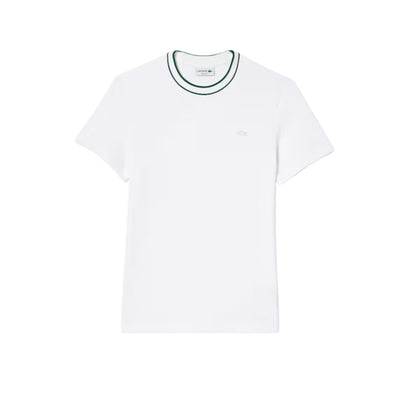 T-shirt con colletto a costine a righe verdi e logo ricamato sul petto tono su tono