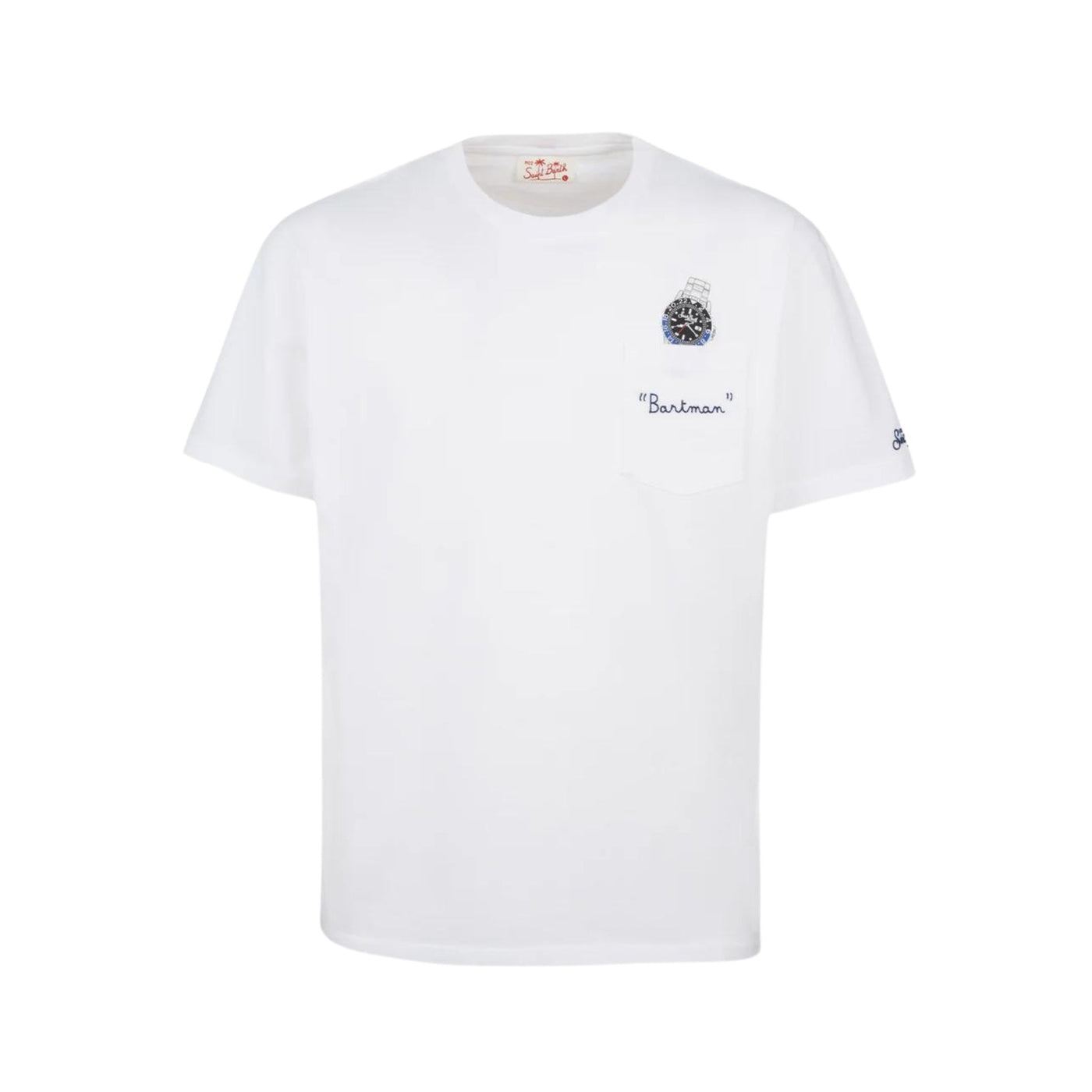 T-shirt con taschino e stampa orologio e scritta "batman" ricamata sul petto