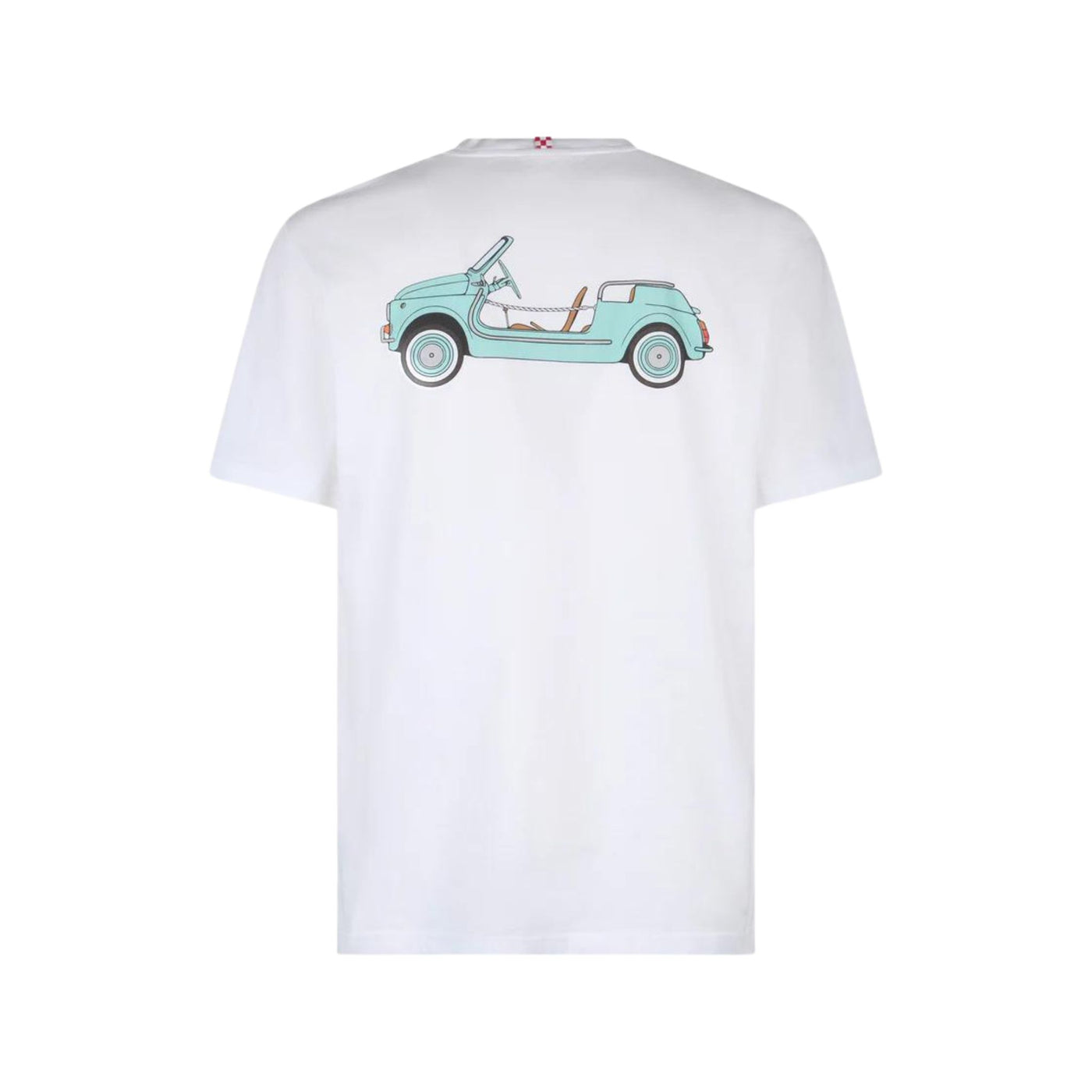 Retro T-shirt in cotone con scritta Fiat 500 stampata sul petto e macchina multicolor sul retro