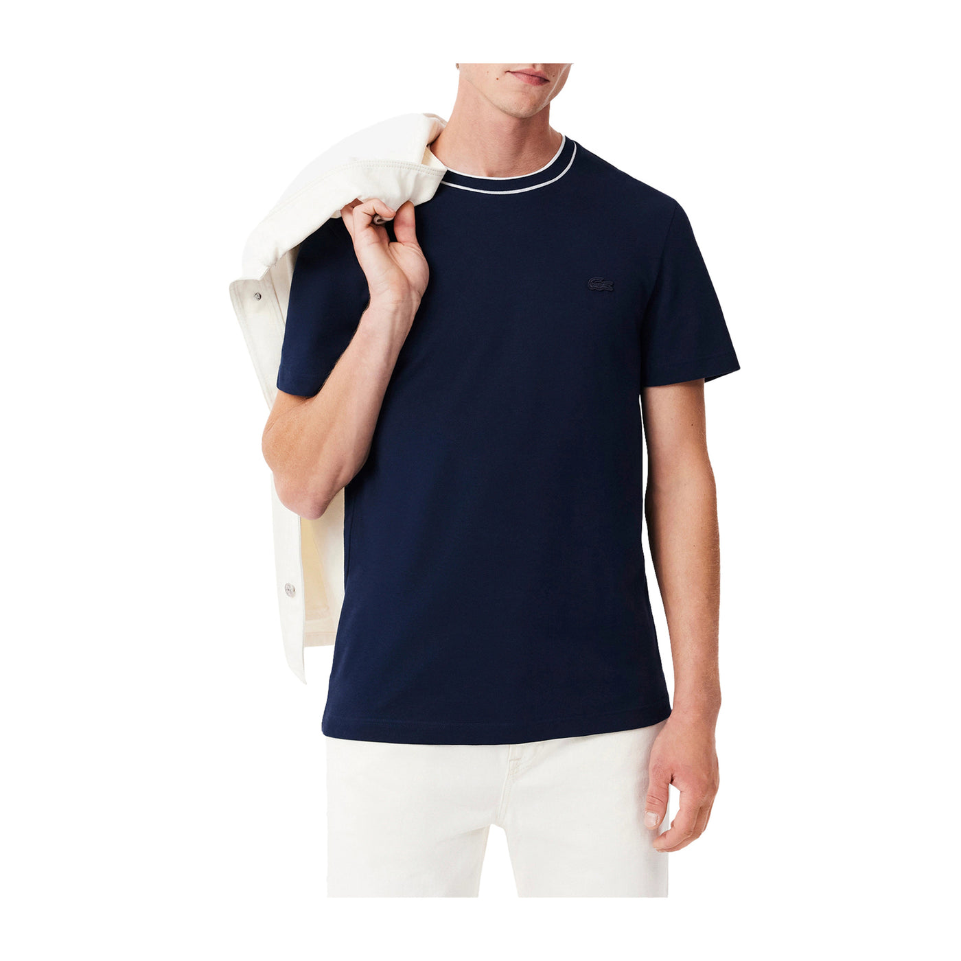 T-shirt Uomo elasticizzata Navy con con colletto a righe modello frontale