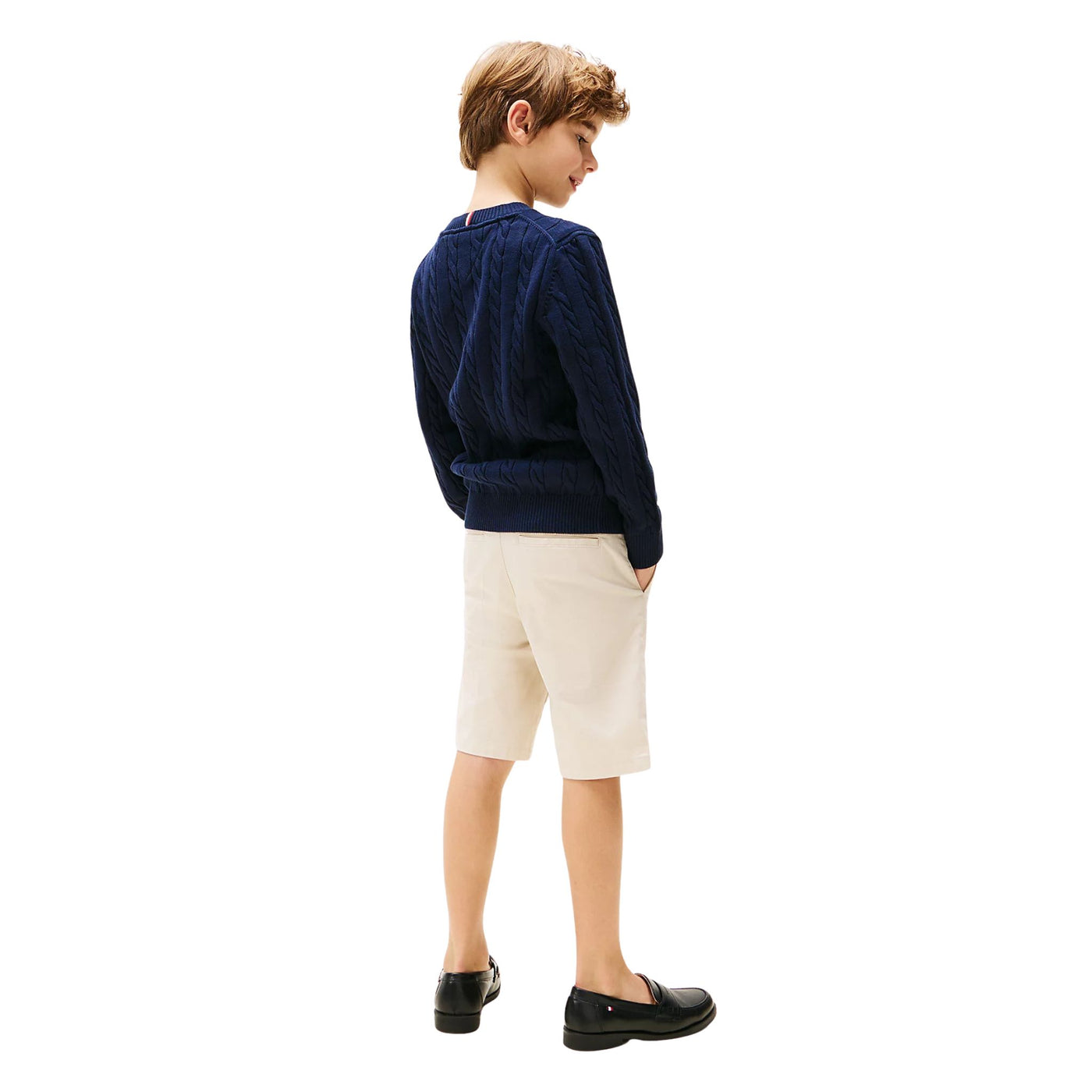 Pullover Bambino in maglia intrecciata navy modello intero retro