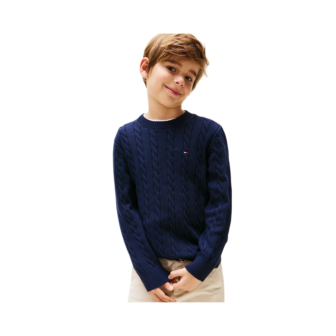 Pullover Bambino in maglia intrecciata navy modello frontale