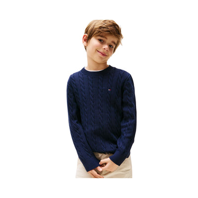 Pullover Bambino in maglia intrecciata navy modello frontale
