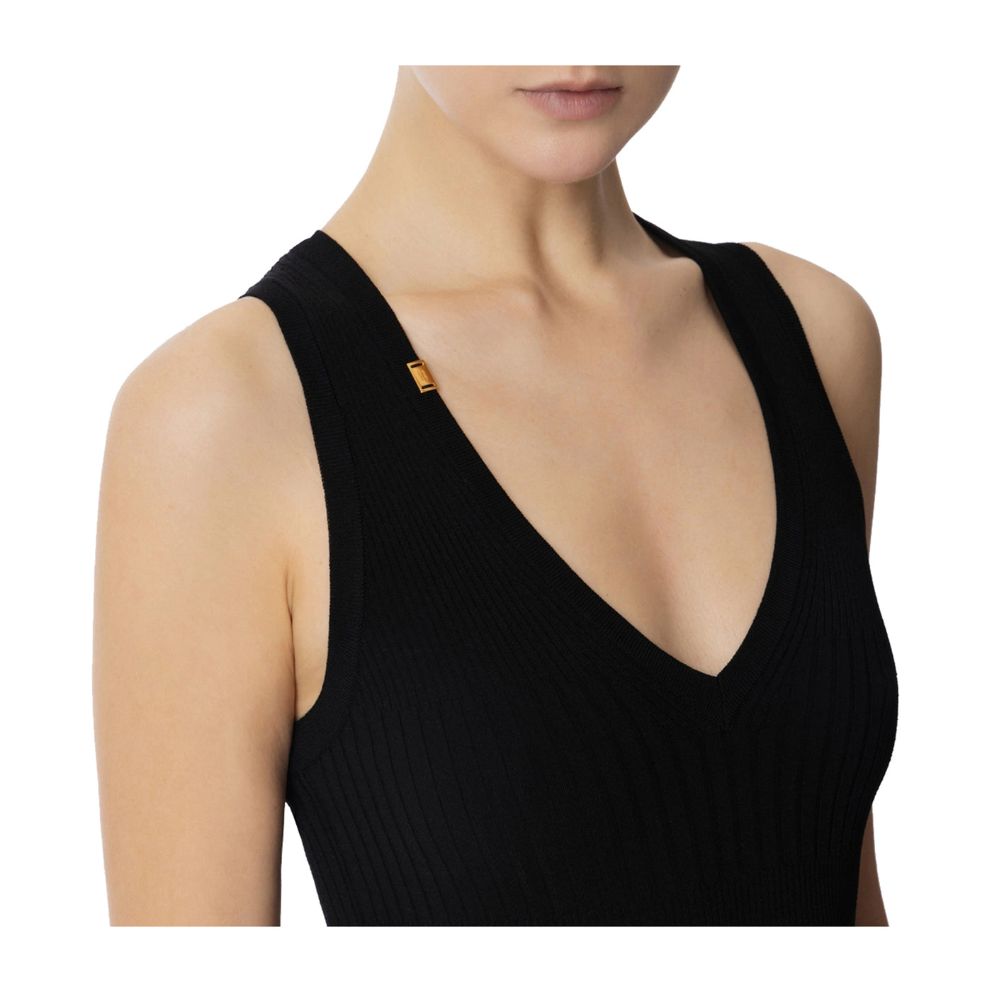 Top Donna a coste nero con scollo V dettaglio