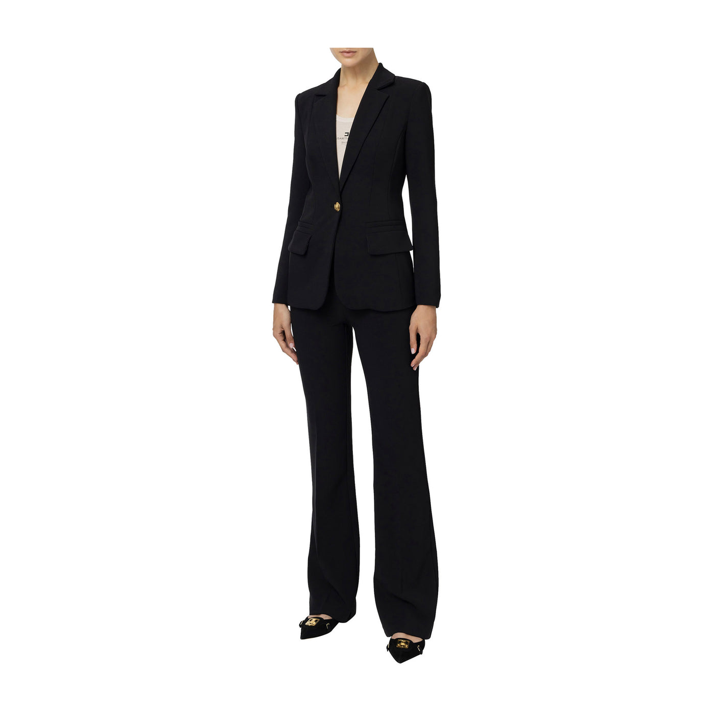 Tailleur Donna in tessuto stretch con giacca monopetto e pantalone flare 