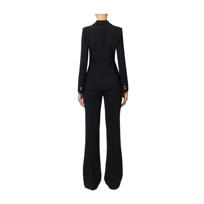 Tailleur Donna in tessuto stretch con giacca monopetto e pantalone flare 