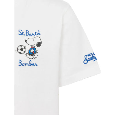 T-shirt Bianca Bambino Snoopy calciatore dettaglio manica e stampa frontale