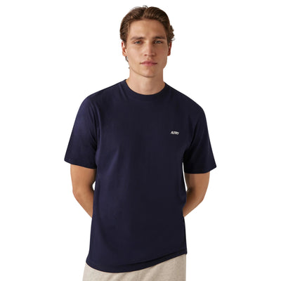 T-shirt Uomo in tinta unita blu scuro con logo ricamato modello frontale