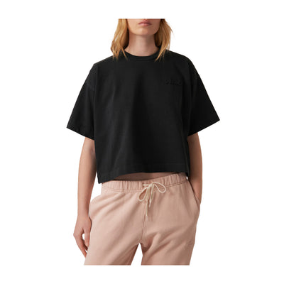 T-shirt Donna Boxy con logo sur ton nero modella frontale