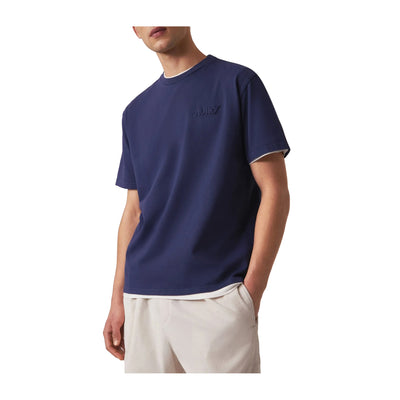 T-shirt Unisex tinta unita blu con logo sur ton modello frontale