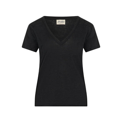 T-shirt Donna in morbido lino con scollatura a V e logo in tono colore 