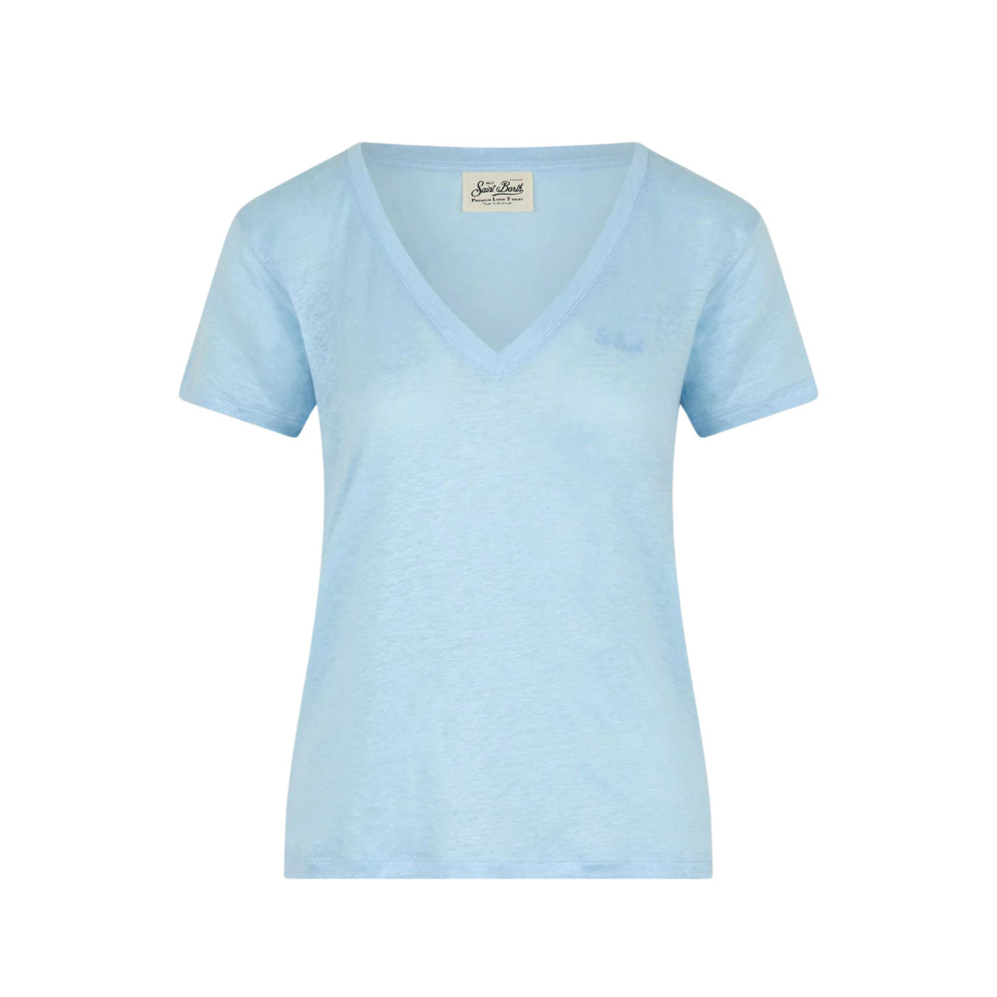 T-shirt Donna in lino a tinta unita con scollo a V e maniche corte
