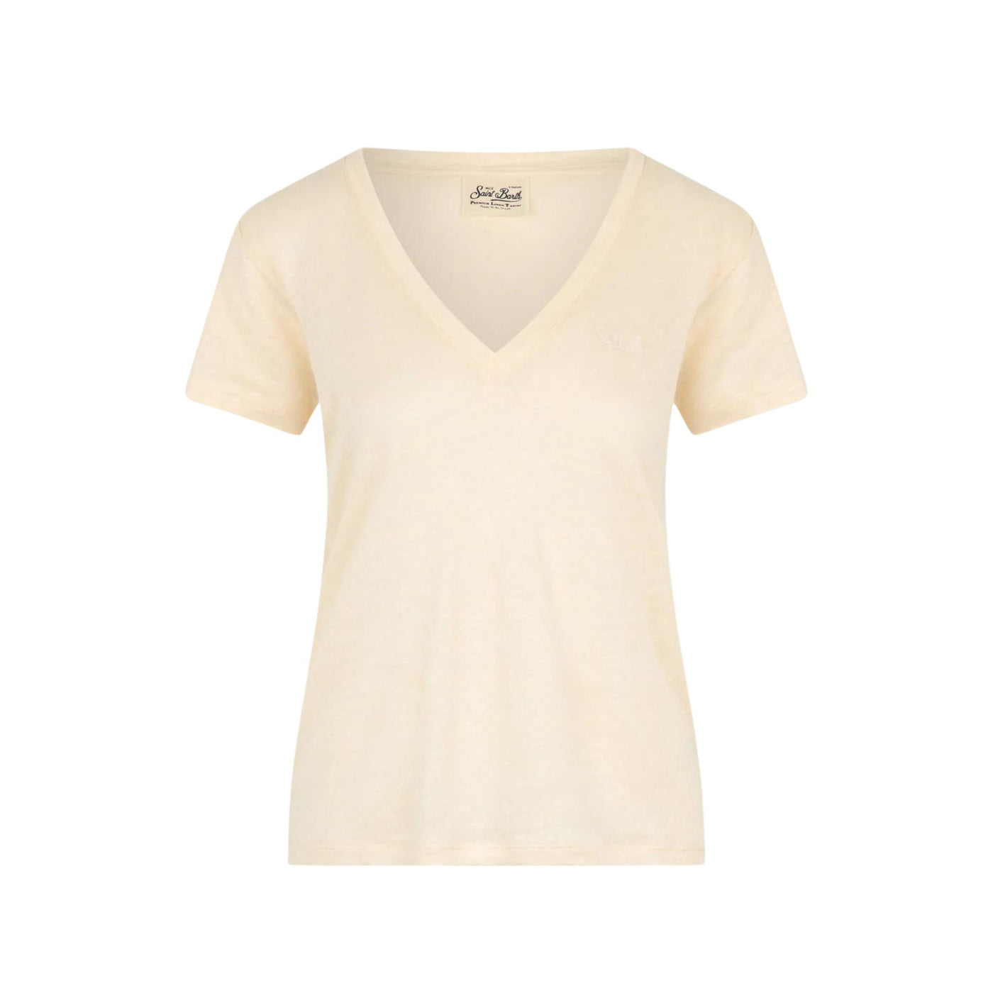 T-shirt Donna in puro lino con scollo a V e logo ricamato in tono colore 