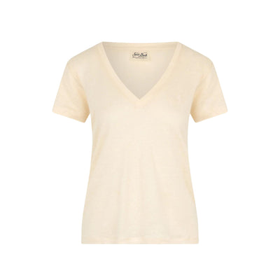 T-shirt Donna in puro lino con scollo a V e logo ricamato in tono colore 