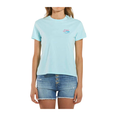 T-shirt Donna Celeste in cotone elasticizzato con scollatura girocollo