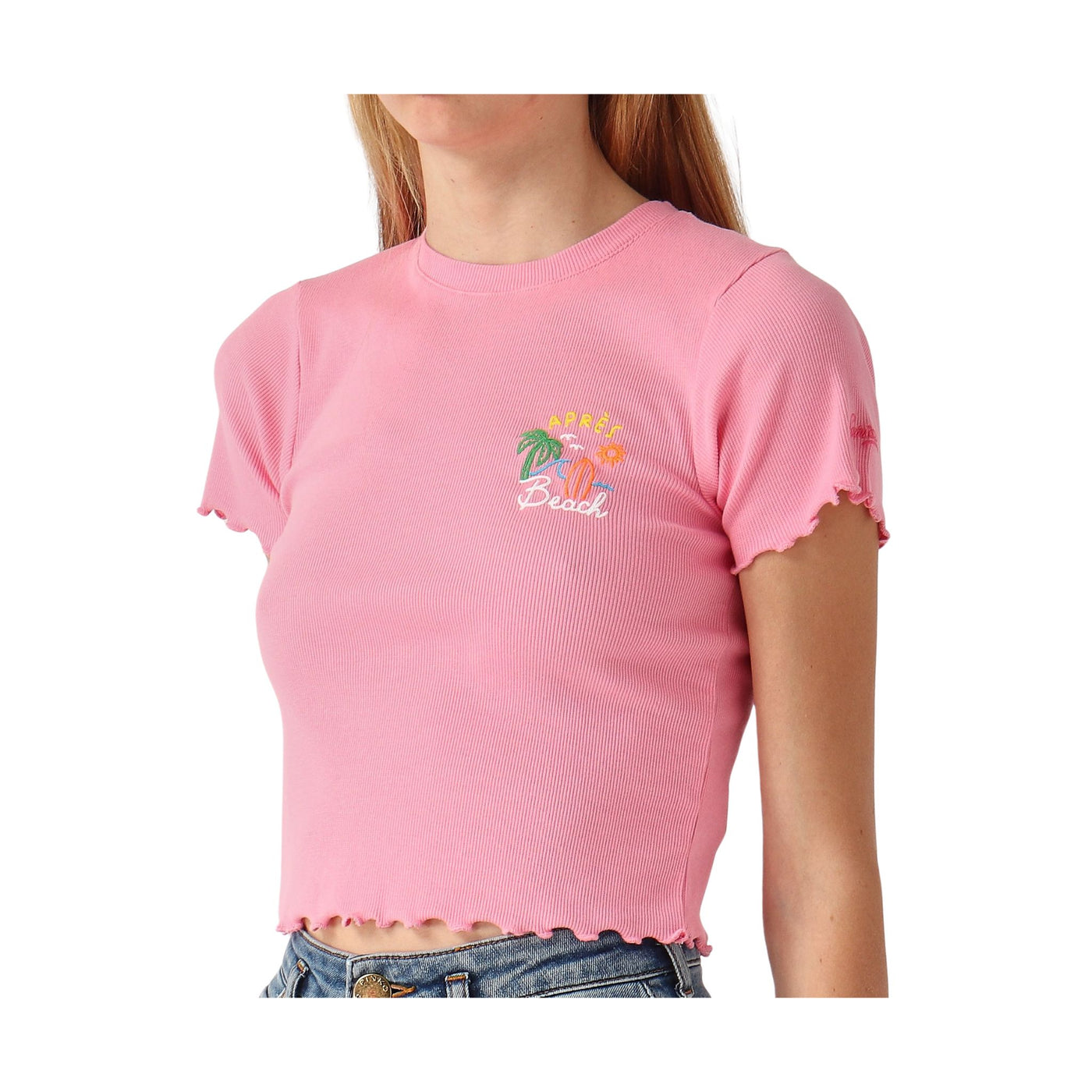 T-shirt Donna in cotone con lavorazione a costine e bordi arricciati 