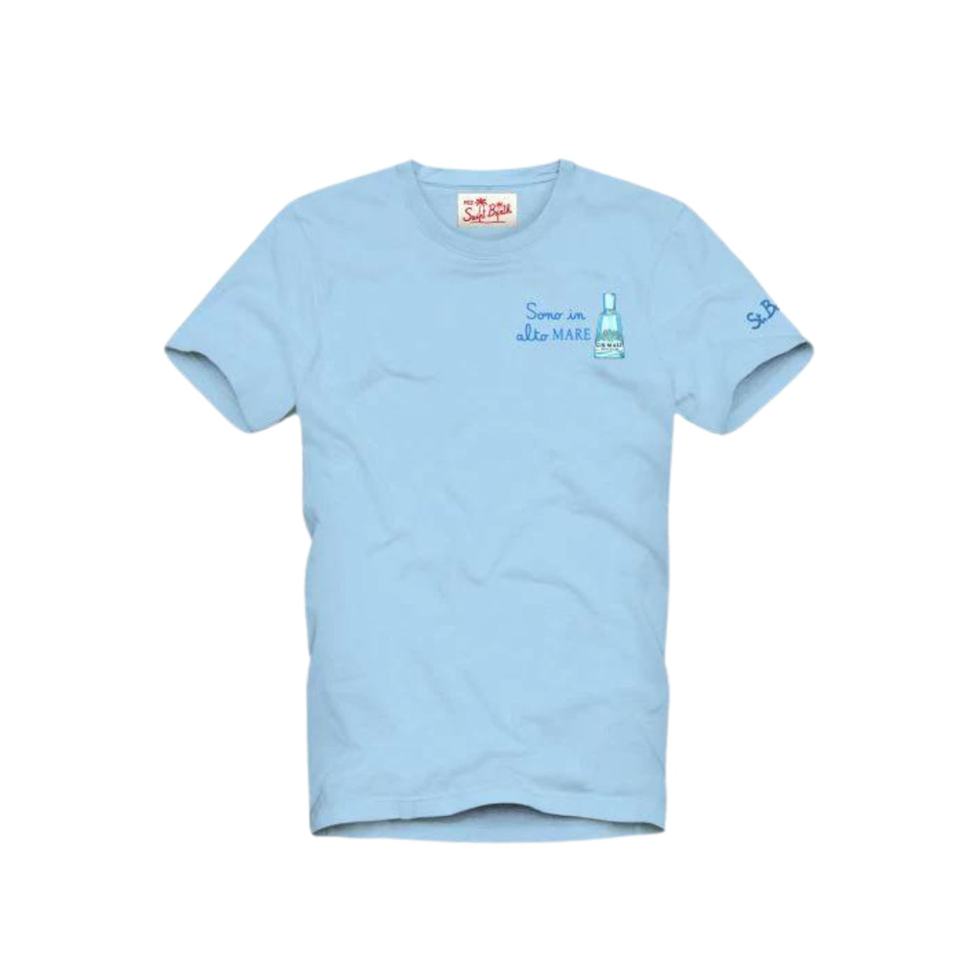 T-shirt Uomo Celeste realizzata in cotone con ricamo sul petto e scollatura girocollo