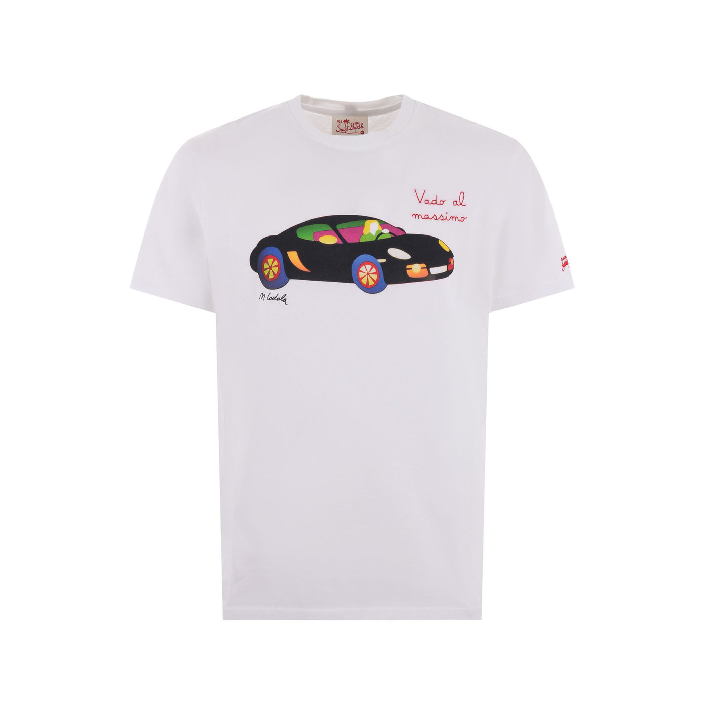 T-shirt Uomo Bianca con stampa frontale multicolore e logo sulla manica