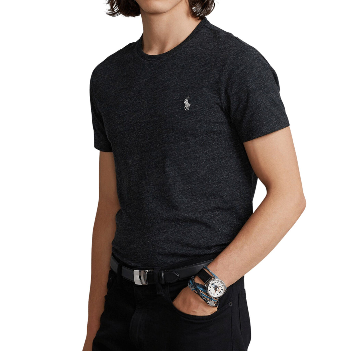 Immagine frontale T-shirt grigia da uomo manica corta con logo Polo Ralph Lauren ricamato tono su tono con scollo a girocollo