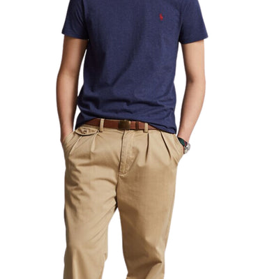 Immagine frontale T-shirt blu da uomo manica corta con logo Polo Ralph Lauren ricamato in rosso con scollo a girocollo