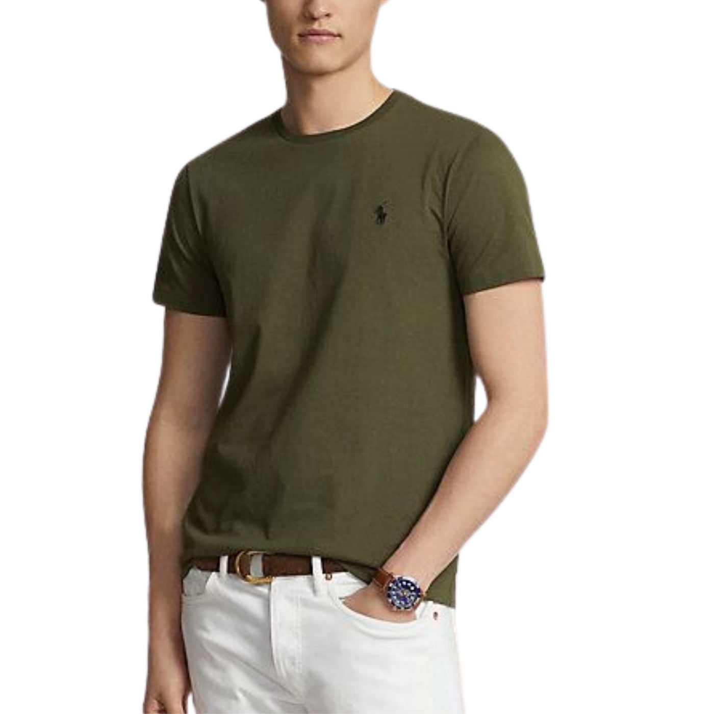 Immagine frontale T-shirt verde da uomo manica corta con logo Polo Ralph Lauren ricamato con scollo a girocollo