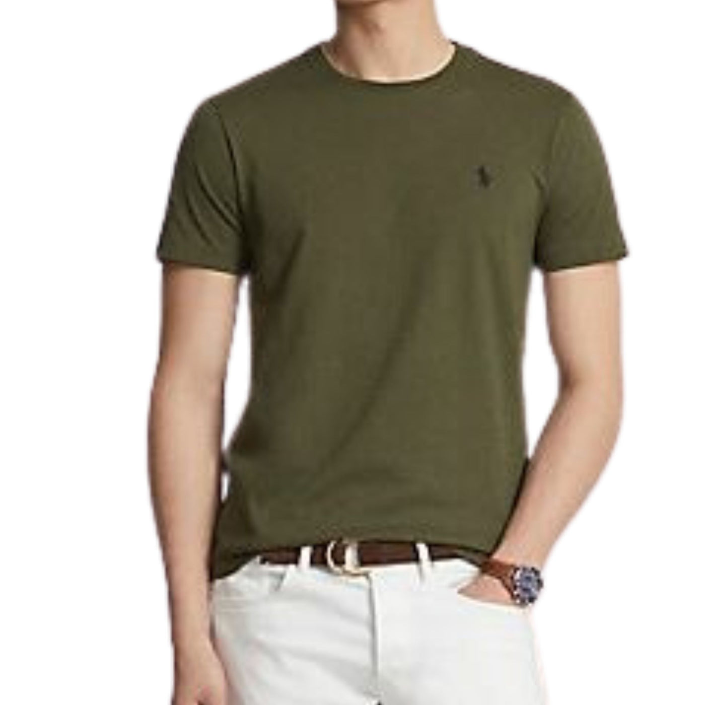 Immagine frontale T-shirt verde da uomo manica corta con logo Polo Ralph Lauren ricamato con scollo a girocollo