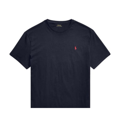 Immagine frontale T-shirt blu da uomo manica corta con logo Polo Ralph Lauren ricamato in rosso con scollo a girocollo