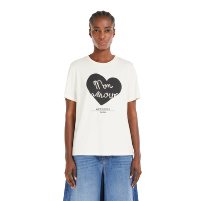 T-shirt Avorio Donna con stampa a cuore modella frontale
