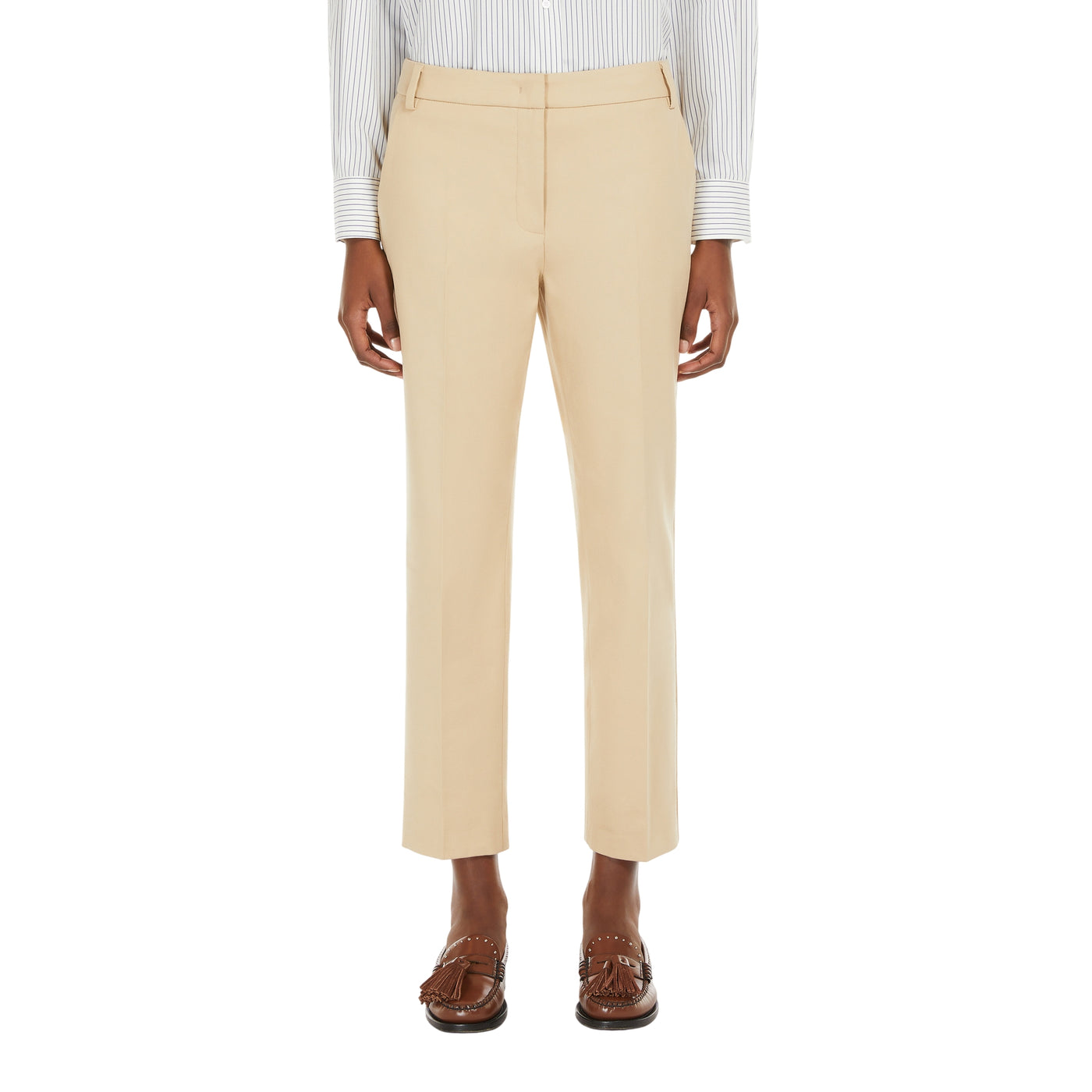 Pantalone Donna a sigaretta in cotone stretch beige modella frontale