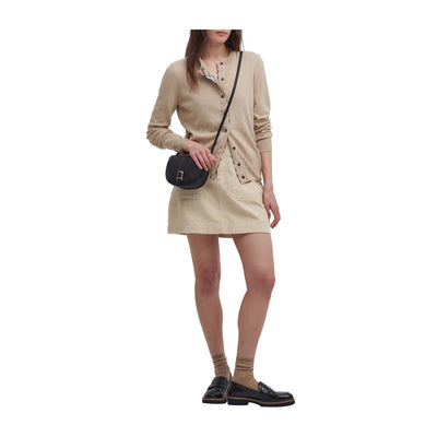 Cardigan Donna con toppe sui gomiti Beige modella intera frontale