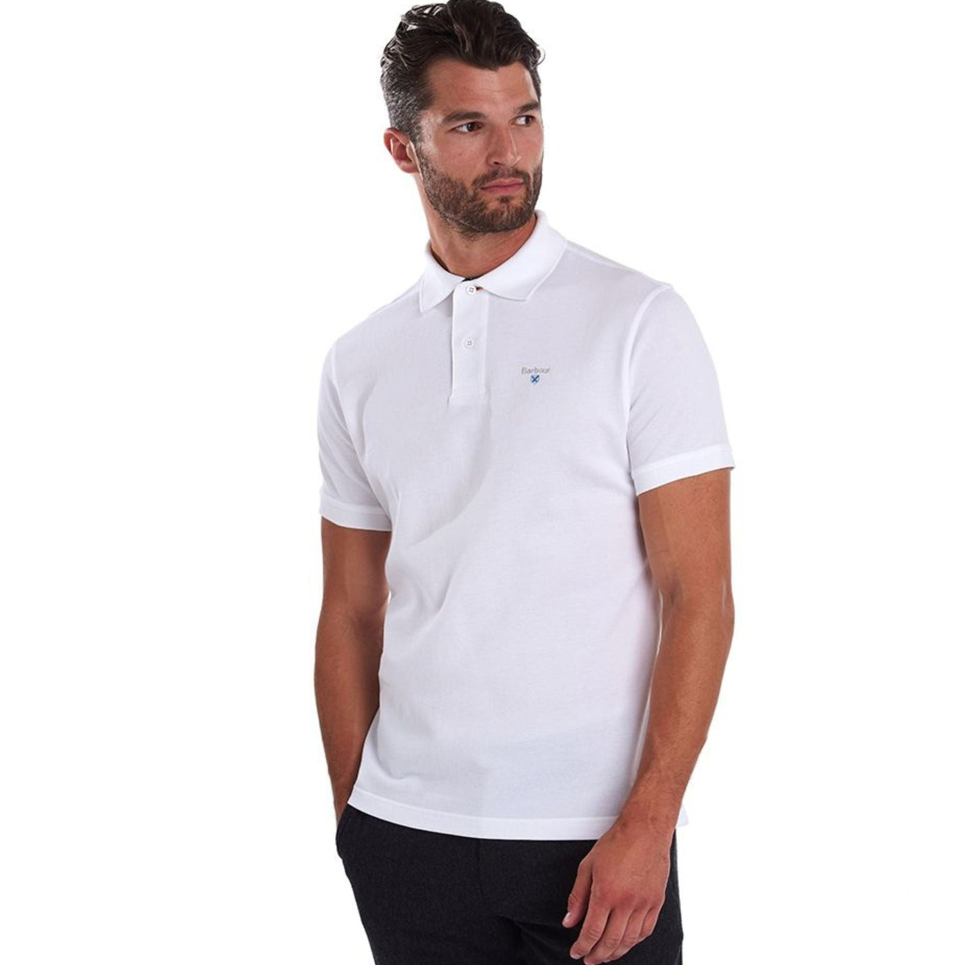 Polo Uomo in cotone bianco con finiture tartan modello frontale