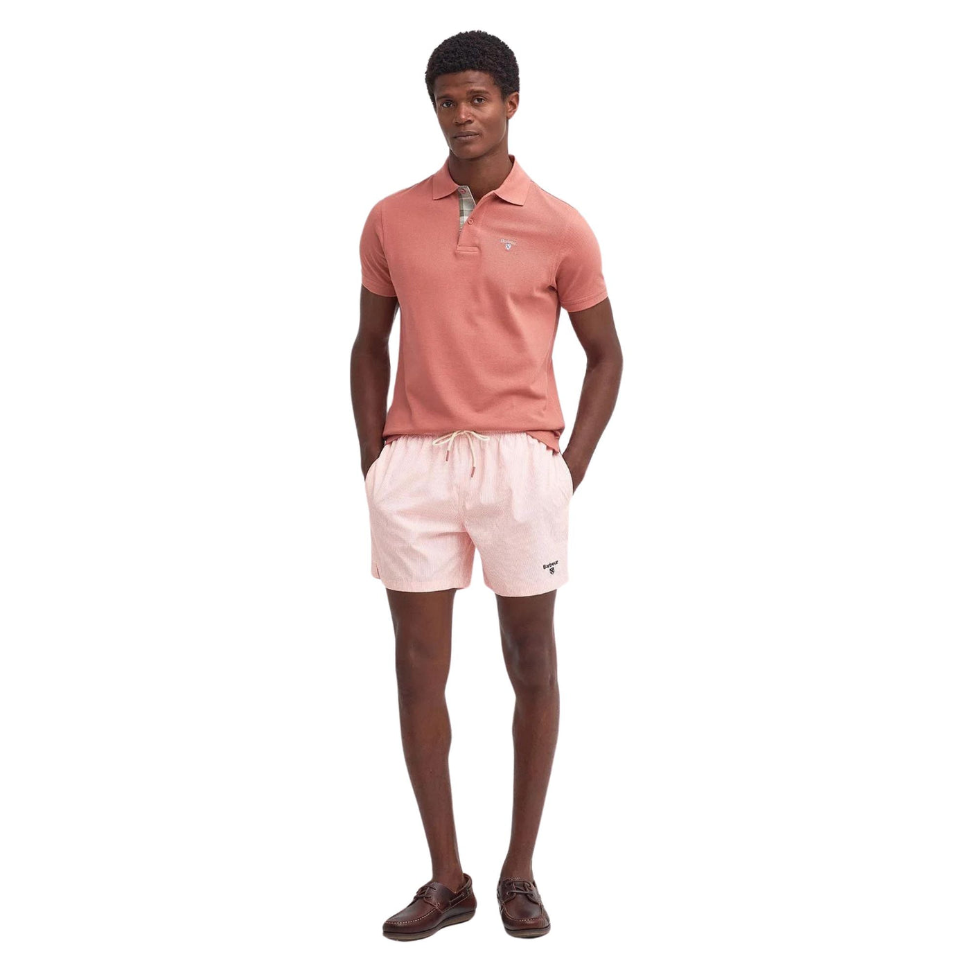 Polo Uomo in cotone rosa con finiture tartan modello intero frontale