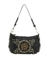Borsa a tracolla in pelle con borchie e applicazioni strass in nero