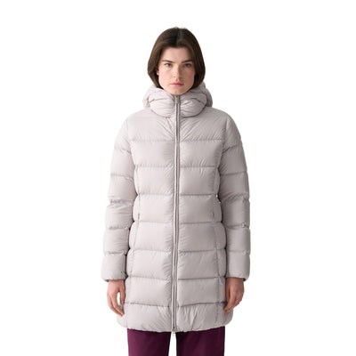 Donna Piumino Lungo Opaco con Cappuccio modella frontale