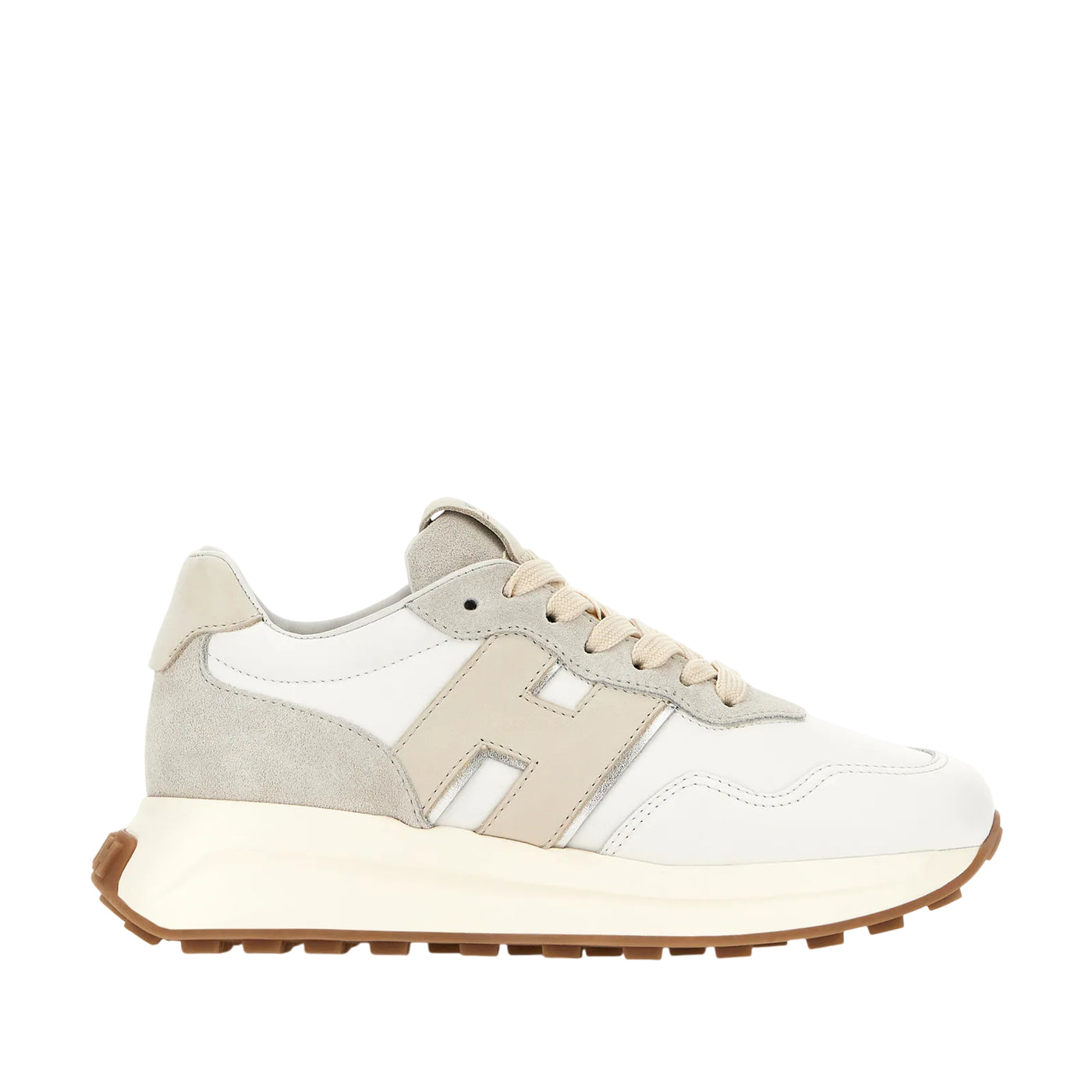 Sneakers Donna H641 Bianco/Beige, con suola in gomma rialzata