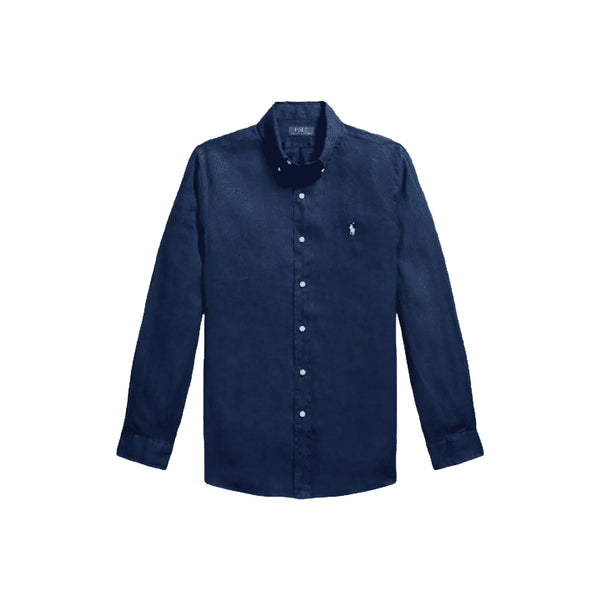RALPH LAUREN Camicia Uomo Lino Custom Fit Blu Newport