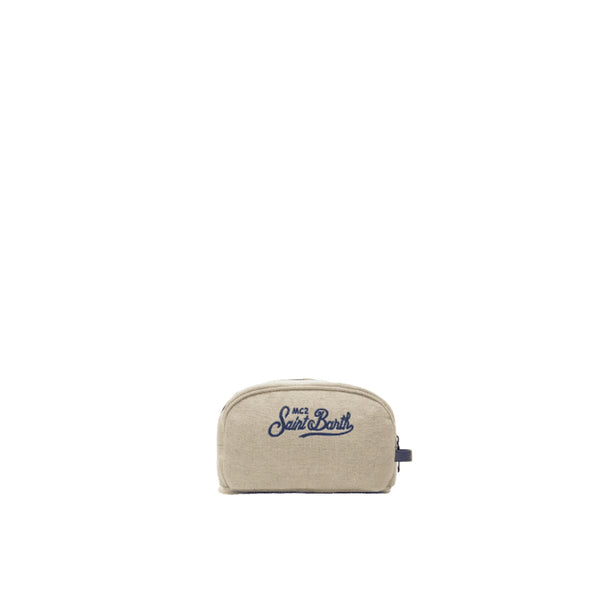 SAINT BARTH Beauty Bag Westwood Lino Beige Logo Ricamato