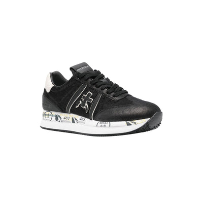 Sneakers in pelle laminata e suola scritta