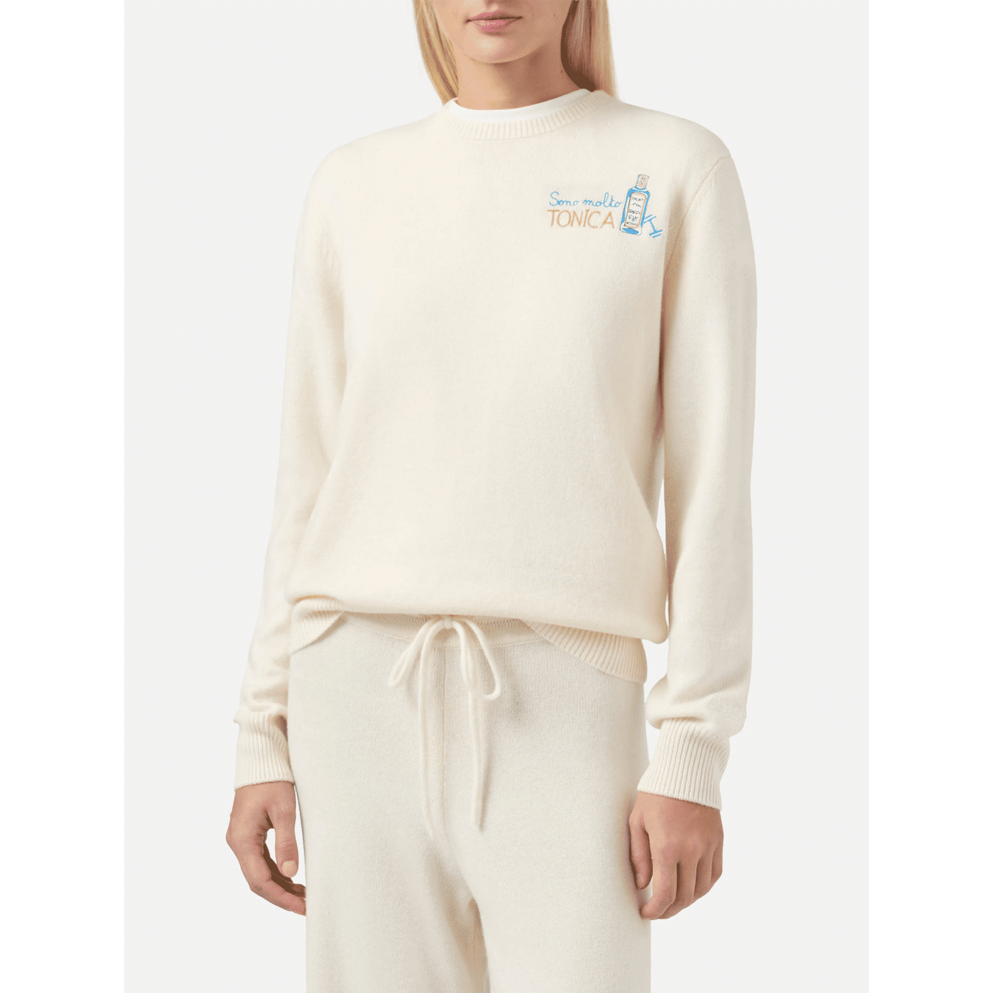 Maglione New Queen in misto cashmere bianco con ricamo Sono molto tonica