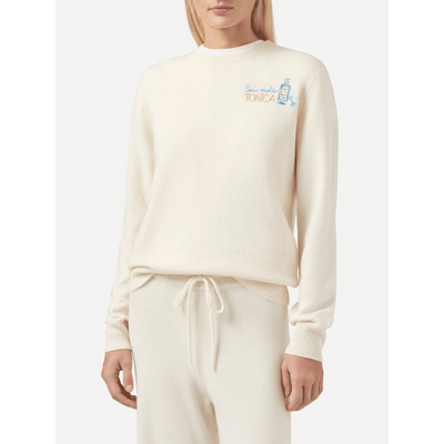 Maglione New Queen in misto cashmere bianco con ricamo Sono molto tonica