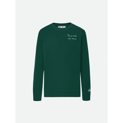 T-shirt Luton in cotone verde a maniche lunghe con ricamo Me ne vado dai nonni